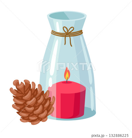 Wax candle in glass jar. Cartoon christmas scented aromatic candle, winter holidays cozy aroma decorated candle flat vector illustration. Xmas candle on white background 132886225