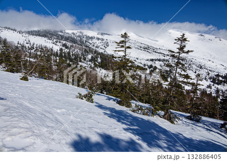 鳩待峠からの登りから見る雲流れる至仏山 鳩待峠からの登りから見る雲流れる至仏山 132886405