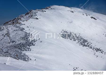 残雪期の小至仏山から見る至仏山山頂と登山者 132886437