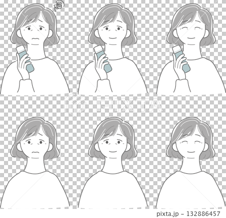 一組插圖素材，描繪了表情各異的老年女性手持化妝品瓶 132886457
