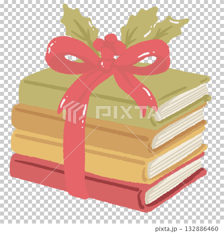 Cozy Christmas stack of books tied with red ribbon and holly hand drawn festive clipart for book lovers winter reading and holiday decoration designs 132886460