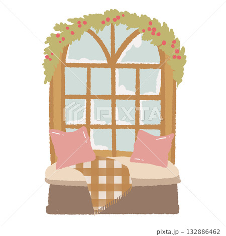 Warm cozy reading nook illustration with plaid blanket pillows and festive garland hand drawn Christmas window seat clipart for winter book lovers Warm cozy reading nook illustration with plaid blanket pillows and festive garland hand drawn Christmas window seat clipart for winter book lovers 132886462