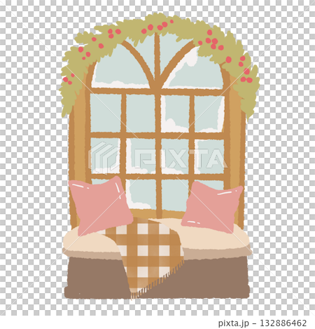 Warm cozy reading nook illustration with plaid blanket pillows and festive garland hand drawn Christmas window seat clipart for winter book lovers 132886462