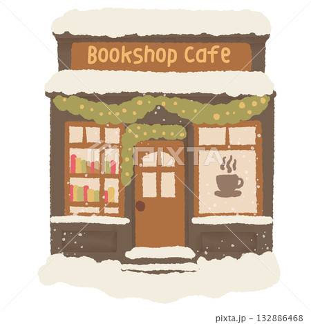 Cozy bookshop cafe illustration with snow garland and warm lights hand drawn festive storefront clipart for winter stationery and Christmas designs 132886468