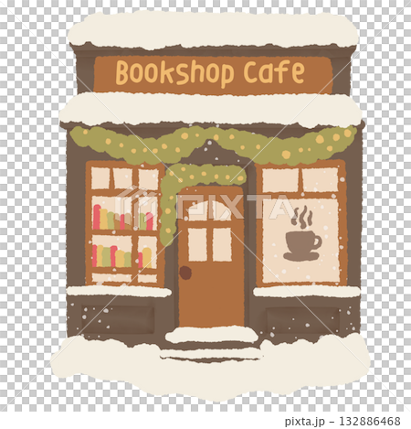 Cozy bookshop cafe illustration with snow garland and warm lights hand drawn festive storefront clipart for winter stationery and Christmas designs 132886468