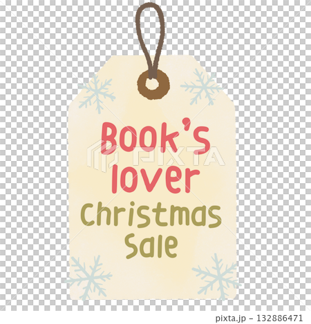 Vintage style sale tag with text Book Lover Christmas Sale hand drawn cozy holiday label clipart for bookstores gift tags and festive packaging designs 132886471