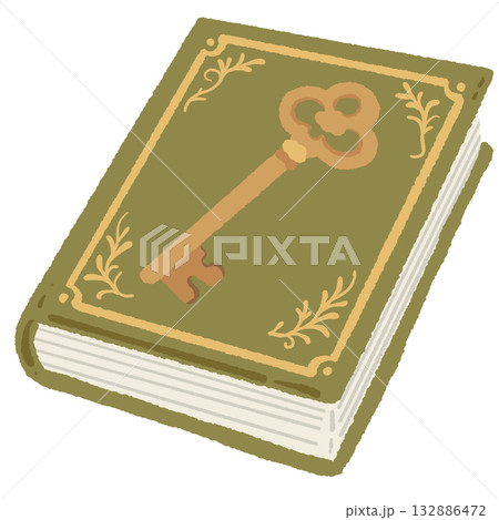 Hand drawn enchanted book with golden key cover cozy vintage library clipart for magical Christmas reading and book lover designs 132886472