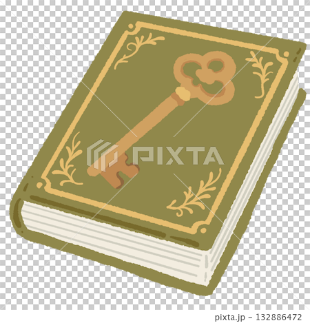 Hand drawn enchanted book with golden key cover cozy vintage library clipart for magical Christmas reading and book lover designs 132886472