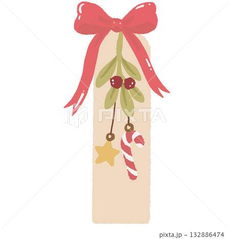 Hand drawn festive bookmark illustration with red bow candy cane star and mistletoe cozy Christmas clipart for holiday cards planners and book lovers 132886474
