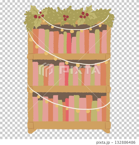Warm cozy bookshelf illustration decorated with holly garland and fairy lights hand drawn festive clipart for Christmas cards bookshop decor and winter crafts 132886486