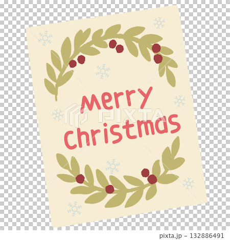 Hand drawn cozy Christmas greeting card illustration with green leaves red berries and snowflakes minimalist festive holiday art for cards stickers and invitations 132886491