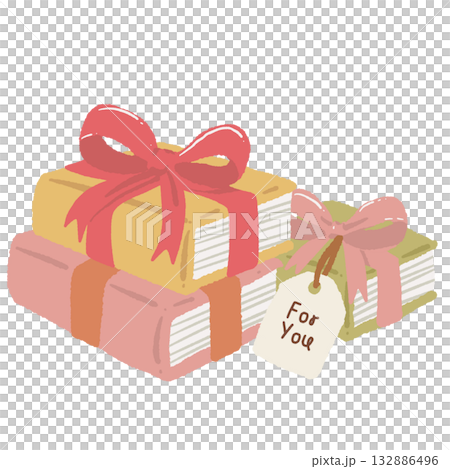 Cozy Christmas book gift stack clipart with bows and tag hand drawn pastel book lover illustration for cards stickers wrapping paper and craft projects 132886496