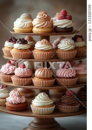 Various cakes in neutral tones on dessert stand with soft lighting. Various cakes in neutral tones on dessert stand with soft lighting. 132886506