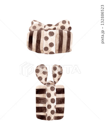 Watercolor illustrations in beige and brown tones. Striped gift boxes of various sizes with polka-dot ribbons. Perfect for your Christmas and Easter decor 132886523