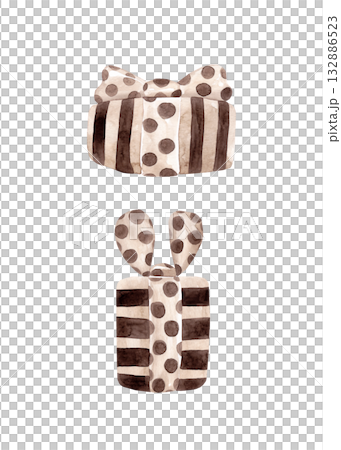 Watercolor illustrations in beige and brown tones. Striped gift boxes of various sizes with polka-dot ribbons. Perfect for your Christmas and Easter decor Watercolor illustrations in beige and brown tones. Striped gift boxes of various sizes with polka-dot ribbons. Perfect for your Christmas and Easter decor 132886523