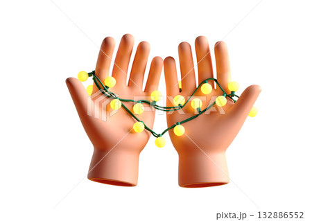 3d cartoon hands holding string of festive glowing holiday lights, perfect for concepts of christmas decoration, festive setup, creating warm, cozy atmosphere 3d cartoon hands holding string of festive glowing holiday lights, perfect for concepts of christmas decoration, festive setup, creating warm, cozy atmosphere 132886552