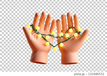 3d cartoon hands holding string of festive glowing holiday lights, perfect for concepts of christmas decoration, festive setup, creating warm, cozy atmosphere 3d cartoon hands holding string of festive glowing holiday lights, perfect for concepts of christmas decoration, festive setup, creating warm, cozy atmosphere 132886552