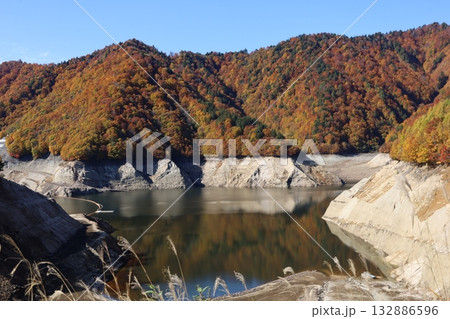 ダム湖にかかる紅葉の山肌　（群馬県　奈良俣湖） 132886596