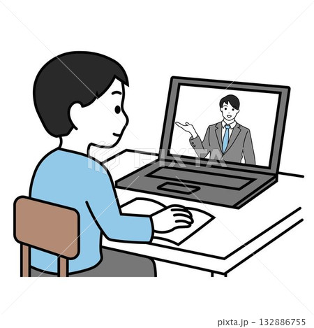 パソコンでオンライン授業を受ける子供と画面越しに教える先生のイラスト 132886755