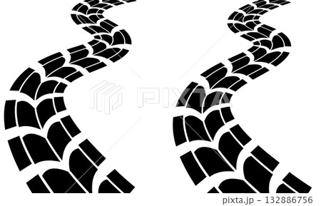 カーブしたタイヤの跡を表すトレッドパターンのシルエットイラスト 132886756