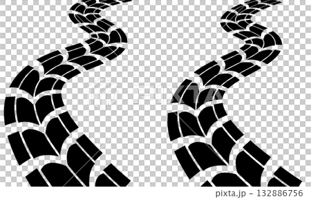 カーブしたタイヤの跡を表すトレッドパターンのシルエットイラスト 132886756
