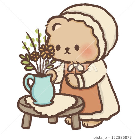 Adorable bear in bonnet arranging flowers cottagecore clipart cozy farmhouse illustration for spring homestead and vintage decor themes 132886875