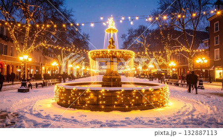 ガーランドとフェアリーライトに包まれた噴水が輝く冬の広場 132887113