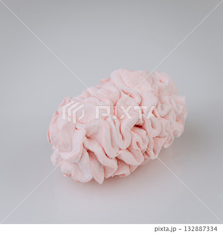 Pastel pink zephyr marshmallow dessert on white background, minimal sweet style 132887334