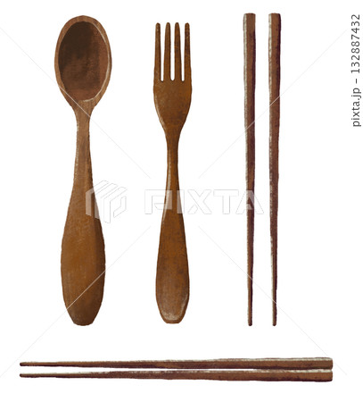 木製カトラリーセット（スプーン・フォーク・箸のイラスト） 132887432