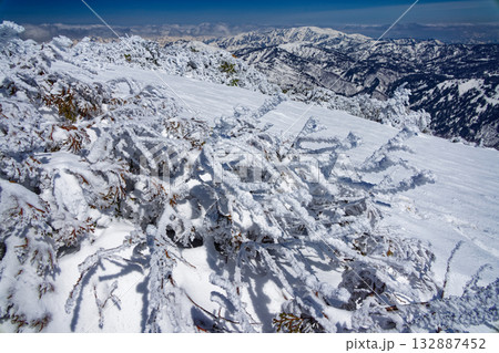 残雪期の尾瀬・至仏山山頂の樹氷と平ヶ岳の眺め 132887452