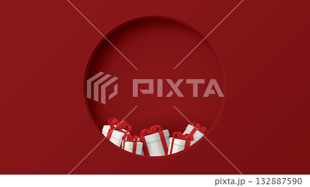 Red background and 3D circle frame paper cut style with gift boxes inside graphic illustration have blank space. 132887590
