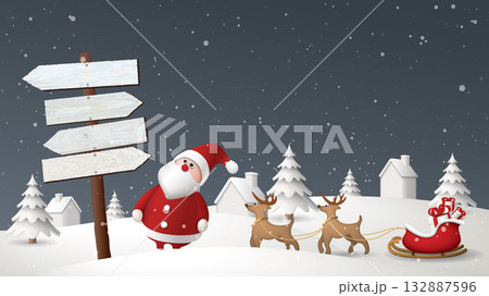 Winter Wonderland covered by snow in Christmas eve have cute Santa Claus looking up at blank direction signpost graphic illustration. Winter Wonderland covered by snow in Christmas eve have cute Santa Claus looking up at blank direction signpost graphic illustration. 132887596