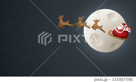 3D miniature model of Santa Claus riding sleigh flying through the moon in Christmas eve graphic illustration have blank space. 132887598