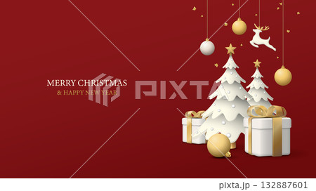 3D miniature model of decorated pine trees, gift boxes and Christmas ornaments hanging with red background graphic illustration have blank space. 132887601