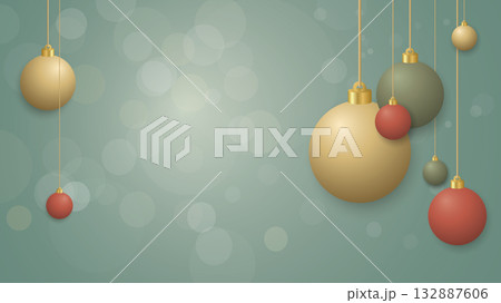 Colorful Christmas balls hanging with soft bokeh and blurred turquoise background graphic illustration have blank space. Colorful Christmas balls hanging with soft bokeh and blurred turquoise background graphic illustration have blank space. 132887606