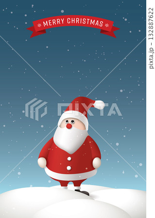 Merry Christmas greeting card with 3D cute Santa Claus stands in the snowfall on Christmas eve vertical background have blank space. 132887622