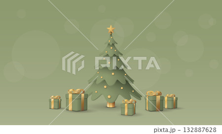 3D decorated Christmas tree and gift boxes with green background graphic illustration have blank space. 132887628
