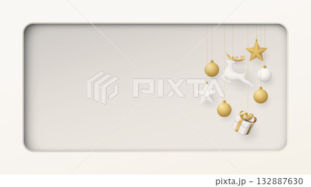 3D Christmas ornaments hanging in rounded rectangle frame paper cut style graphic illustration have blank space. 132887630