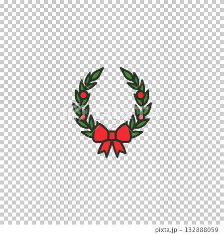 Christmas wreath illustration | Stylish winter decoration material with a striking red ribbon, icon, document creation, no background 132888059