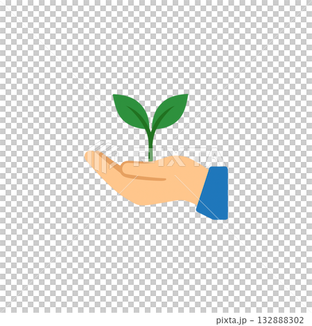 掌心萌發的嫩葉圖示 | 環境保護、成長、永續材料、無背景、插圖、文件創建 132888302