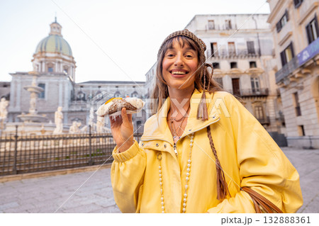 Happy Tourist with Sicilian Cannolo Happy Tourist with Sicilian Cannolo 132888361