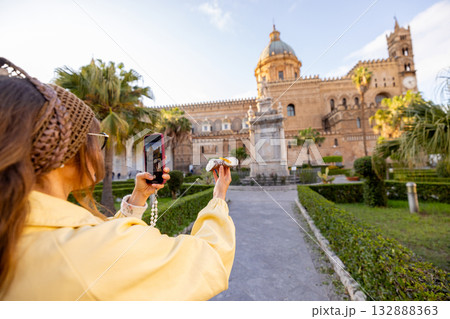 Taking Photo of Cannolo and Palermo Cathedral Taking Photo of Cannolo and Palermo Cathedral 132888363