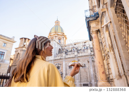 Happy Tourist with Sicilian Cannolo Happy Tourist with Sicilian Cannolo 132888368