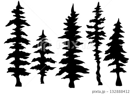 針葉樹の線画とシルエットセット ステンドグラス風クリスマスデコレーション ベクターイラスト 132888412
