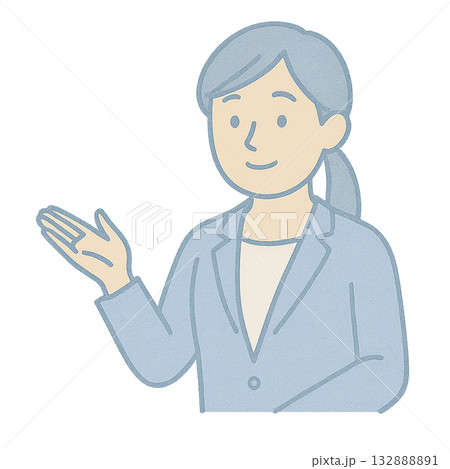 案内をする女性のイラスト、 水彩風で描かれたガイドポーズの女性、 説明をする女性ビジネスパーソンのイ 132888891