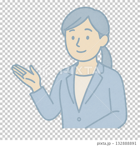 案内をする女性のイラスト、 水彩風で描かれたガイドポーズの女性、 説明をする女性ビジネスパーソンのイ 132888891
