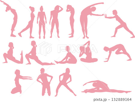 ダイエットする女性のイラスト(ストレッチ・筋トレ)	 132889164