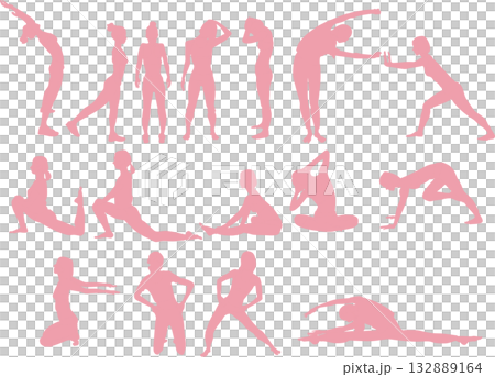 ダイエットする女性のイラスト(ストレッチ・筋トレ)	 132889164