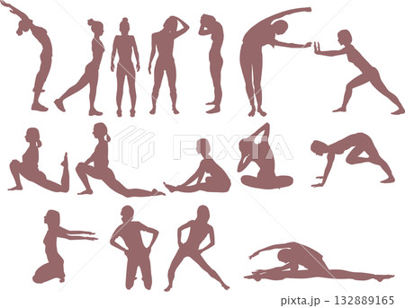 ダイエットする女性のイラスト(ストレッチ・筋トレ)	 132889165