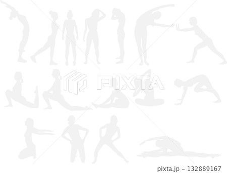 ダイエットする女性のイラスト(ストレッチ・筋トレ)	 132889167